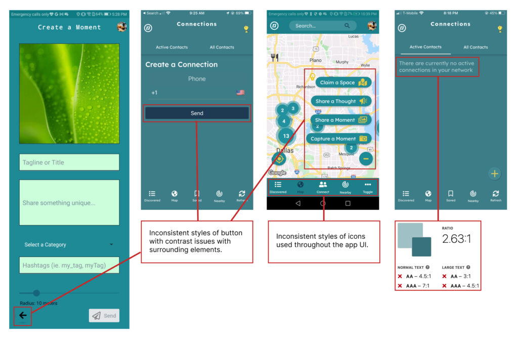 Design audit of previous app design highlighting inconsistencies and contrast issues.