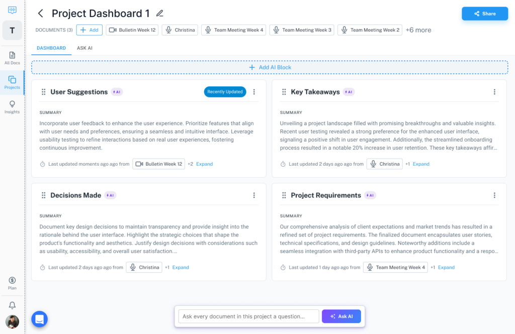 🔍 Dashboard showing AI trackers with summaries and sources.